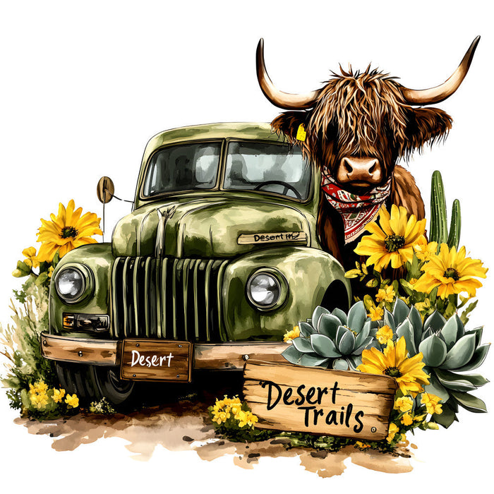 Highland Cows in Vintage Trucks Fabric Panel 3