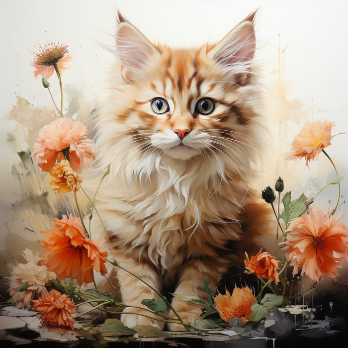 Watercolor Cats with Flowers Fabric Panel 7
