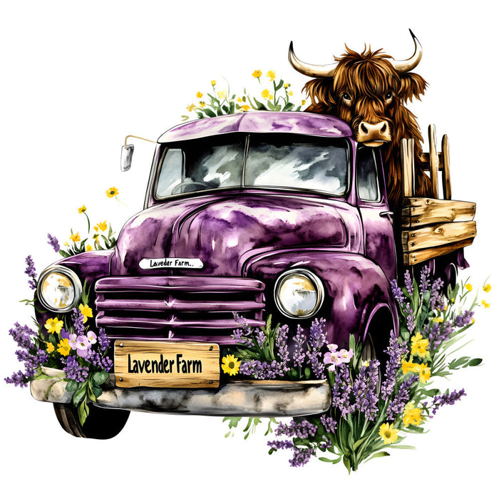 Highland Cows in Vintage Trucks Fabric Panel 4