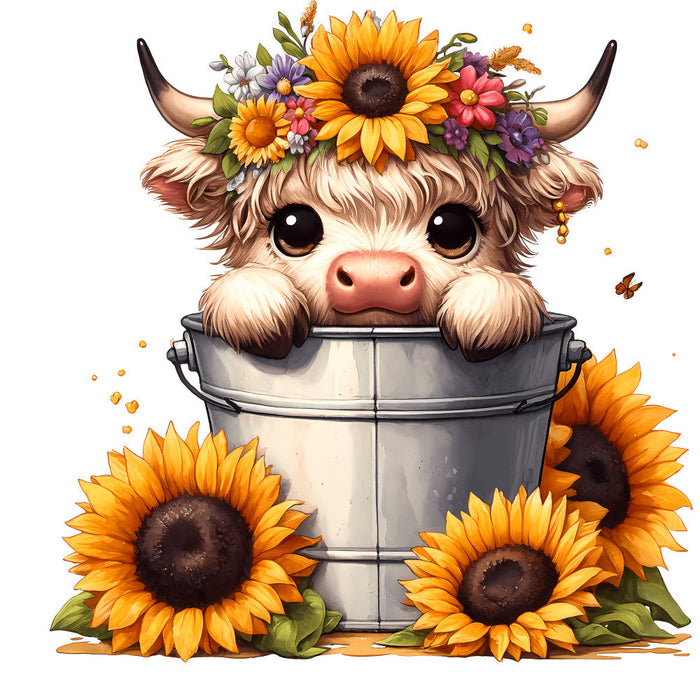 Cute Highland Cows in Buckets Fabric Panel 6