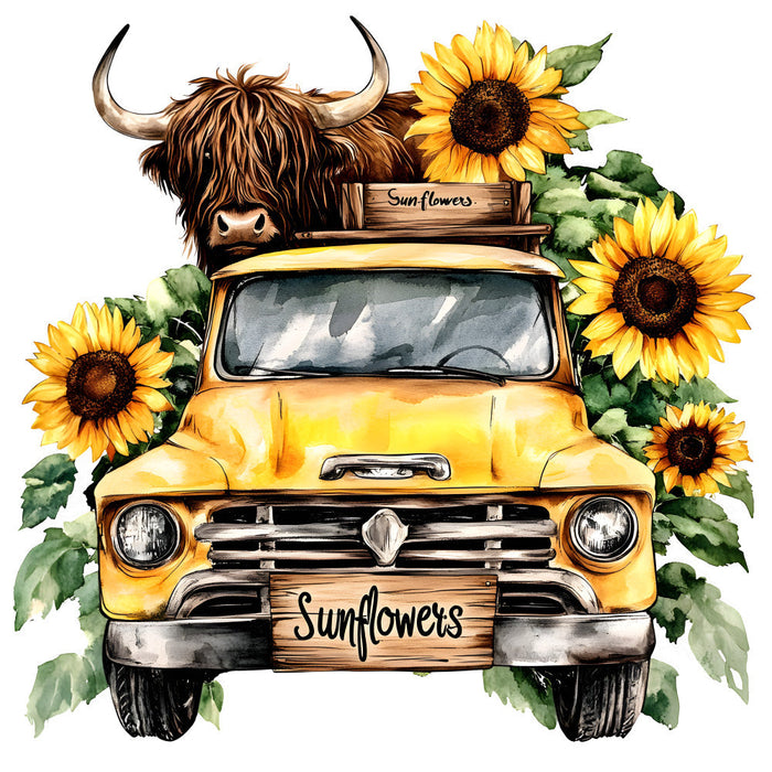 Highland Cows in Vintage Trucks Fabric Panel 7