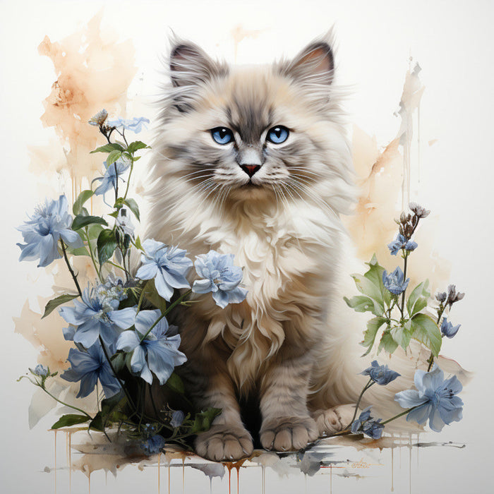 Watercolor Cats with Flowers Fabric Panel 13