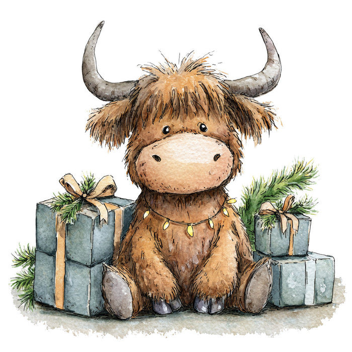 Vintage Christmas Highland Cows Fabric Panel 27