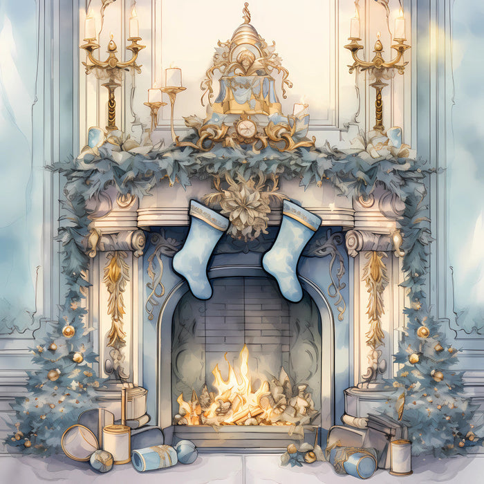 Light Blue and Gold Christmas Fabric Panel 33