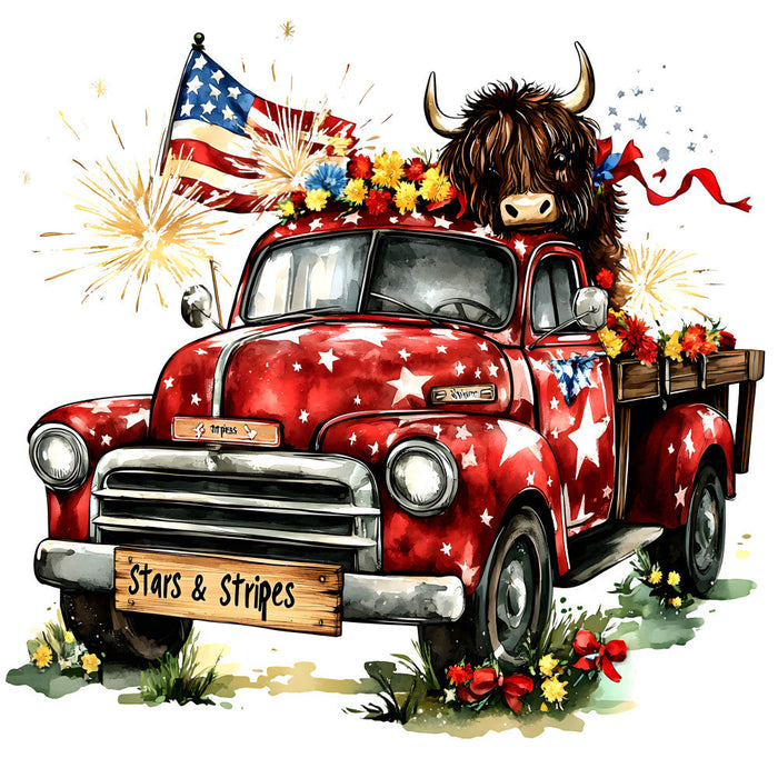 Highland Cows in Vintage Trucks Fabric Panel 8