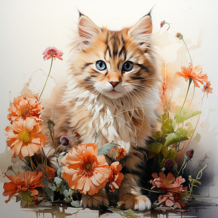 Watercolor Cats with Flowers Fabric Panel 9