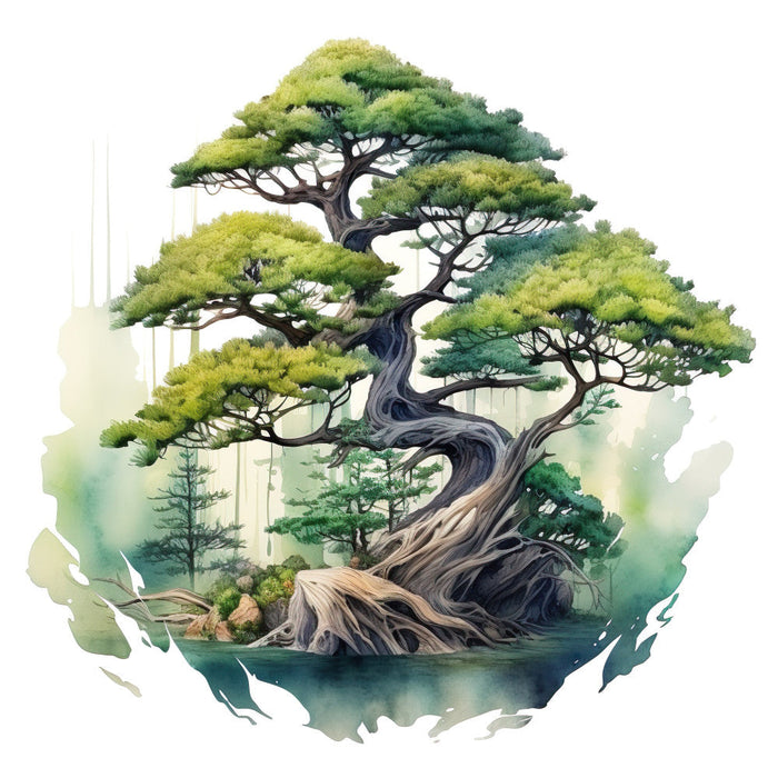 Watercolor Bonsai Tree Fabric Panel 1