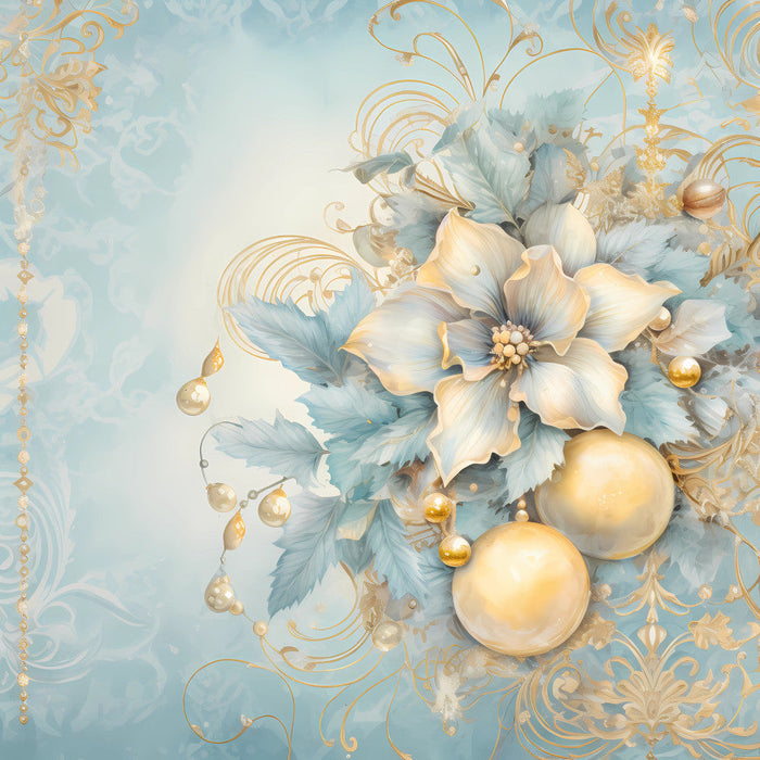 Light Blue and Gold Christmas Fabric Panel 18