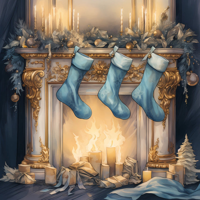 Light Blue and Gold Christmas Fabric Panel 34