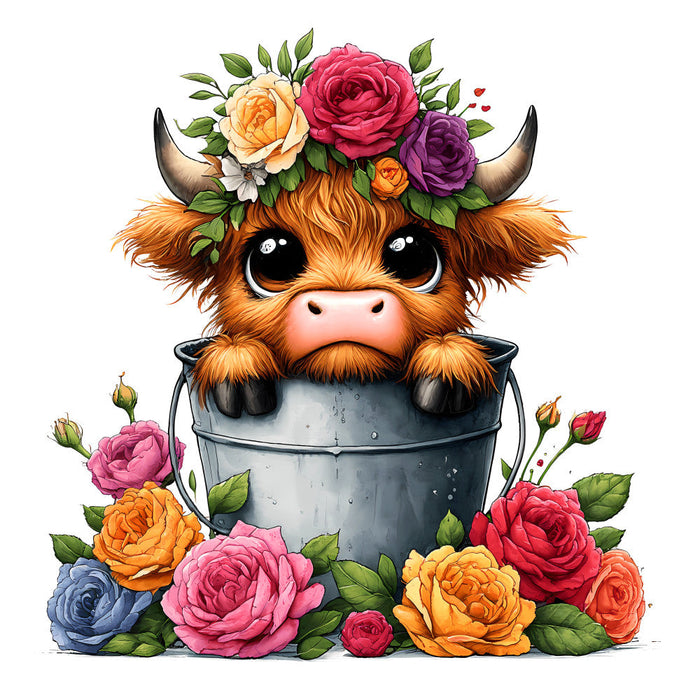 Cute Highland Cows in Buckets Fabric Panel 12