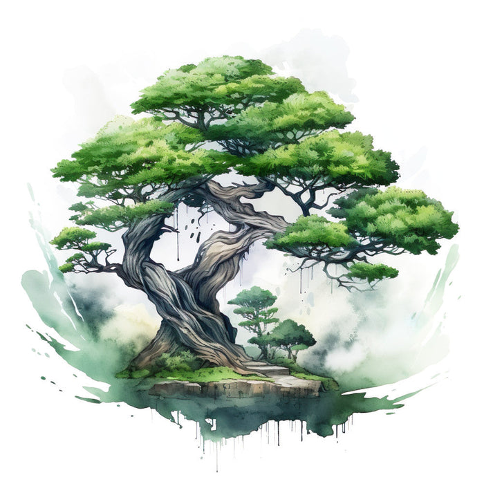 Watercolor Bonsai Tree Fabric Panel 5