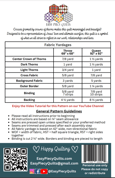 Rugged Cross Quilt Pattern - Paper Print Version