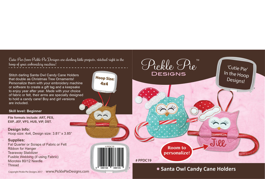 Santa Owl Candy Cane Holders In the Hoop Embroidery Design Collection