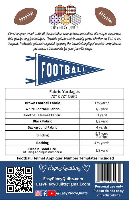 Team Football Quilt Pattern - Paper Print Version