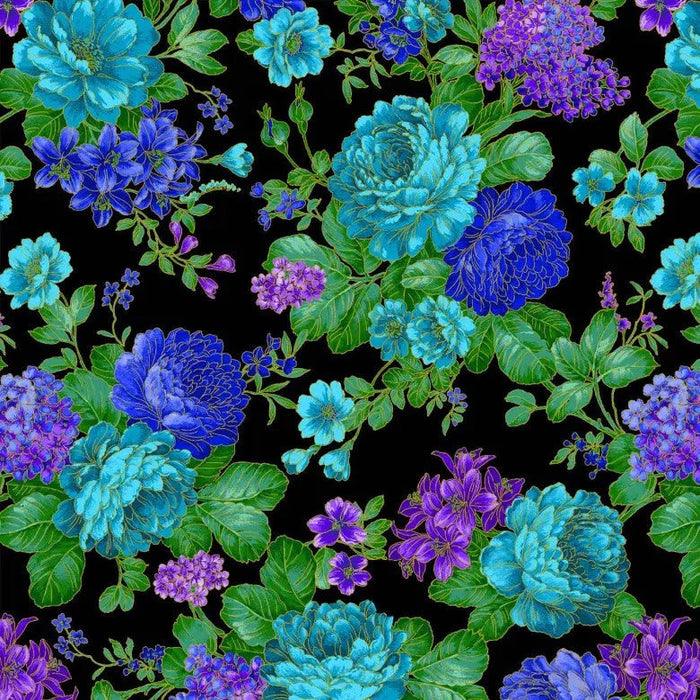 Black Opulent Bouquet Cotton Wideback Fabric Per Yard