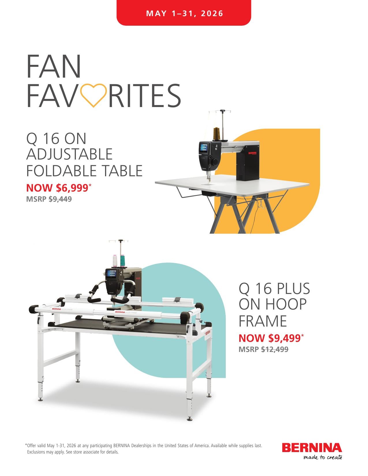 Fan Favorites - Q 16 on Adjustable Foldable Table Now $6,999 and Q 16 Plus on Hoop Frame Now $9,499