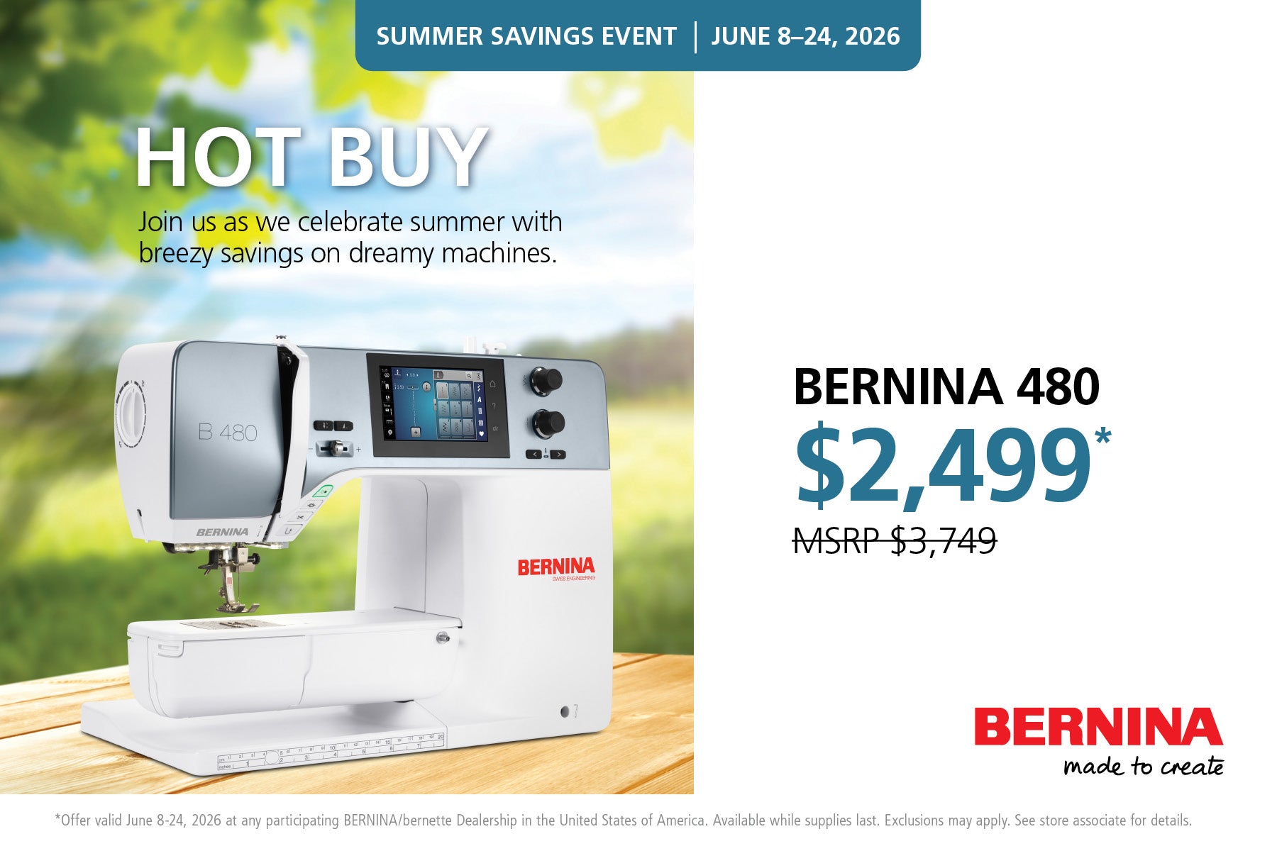Hot Buy - BERNINA 480 now $2,499, MSRP $3,749