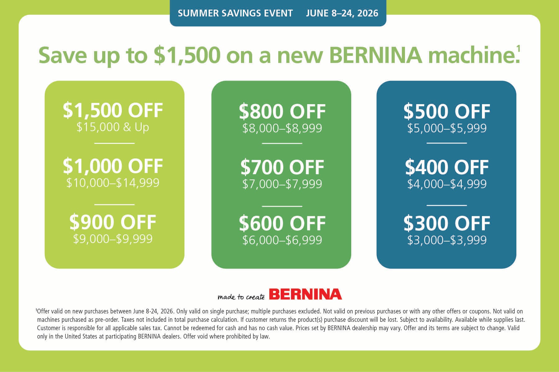 Summer Savings Event June 8-24, 2026 - Save up to $1,500 on a new BERNINA machine
